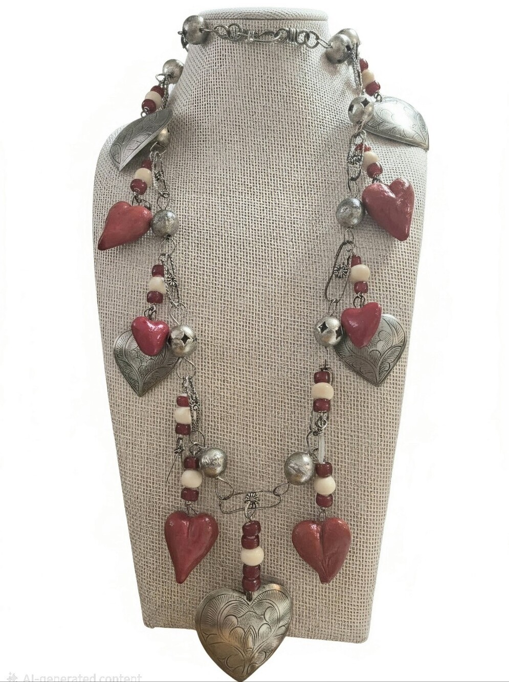 Vintage Engraved Silvertone Hearts  Bone Glass & Vivid Red Puffy Heart Necklace
